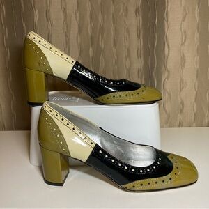 Massimo Baldi Women's 7 Green Black Cream Patent Patchwork Oxford Heels 8640